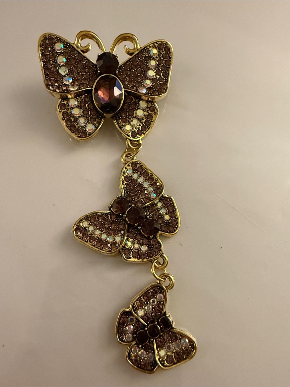 Gold-Tone Brown Crystal Butterfly Dangle Brooch